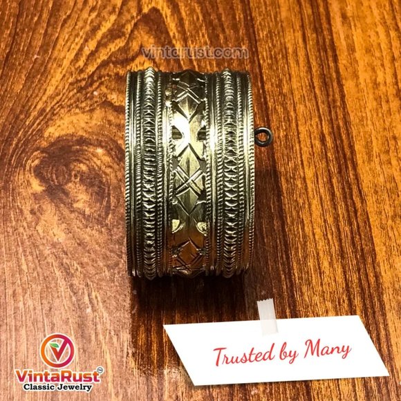 single Vintage Kuchi Cuff Bracelet With Yellow Glass Stones, Gypsy Cuff Bracelet - Picture 3 of 12